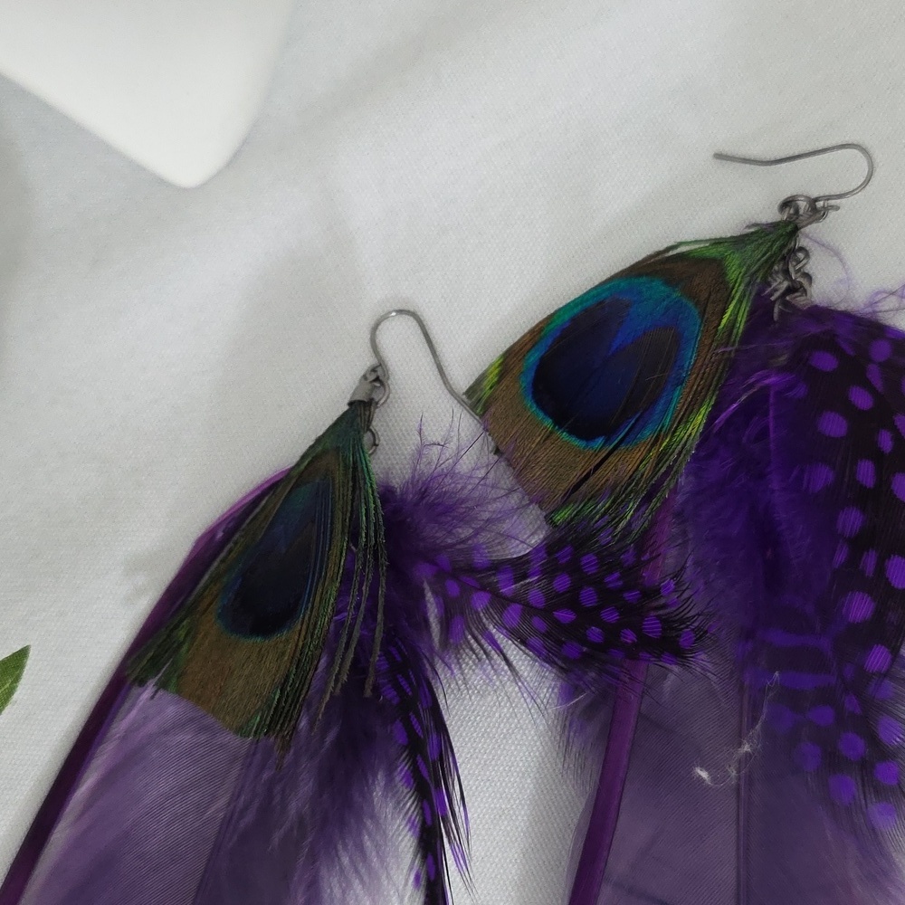 Boho Long Purple Real Feather Earrings - Picture 4 of 7